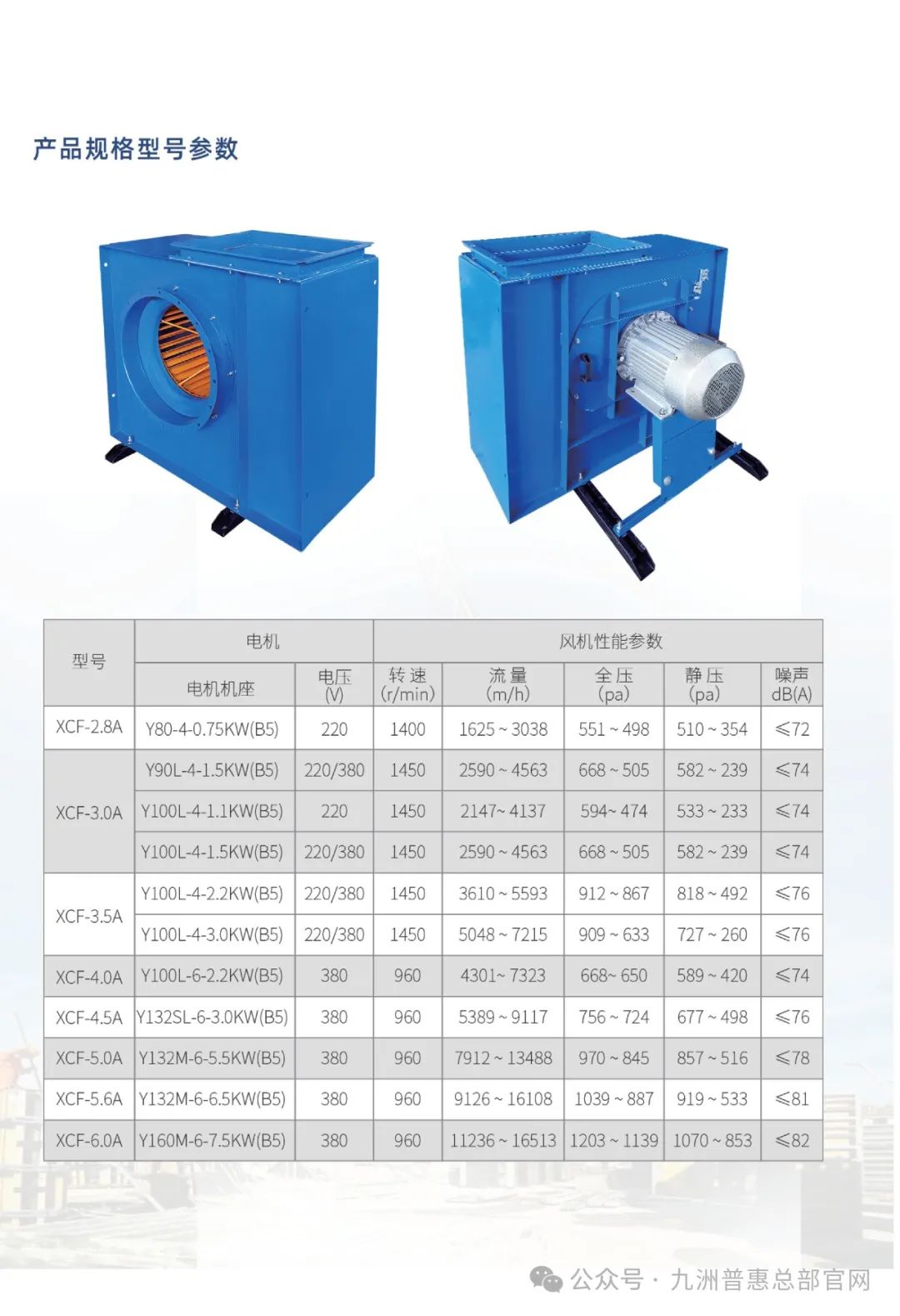 九洲普惠XCF系列(加棉型)多翼式离心通风机型号参数